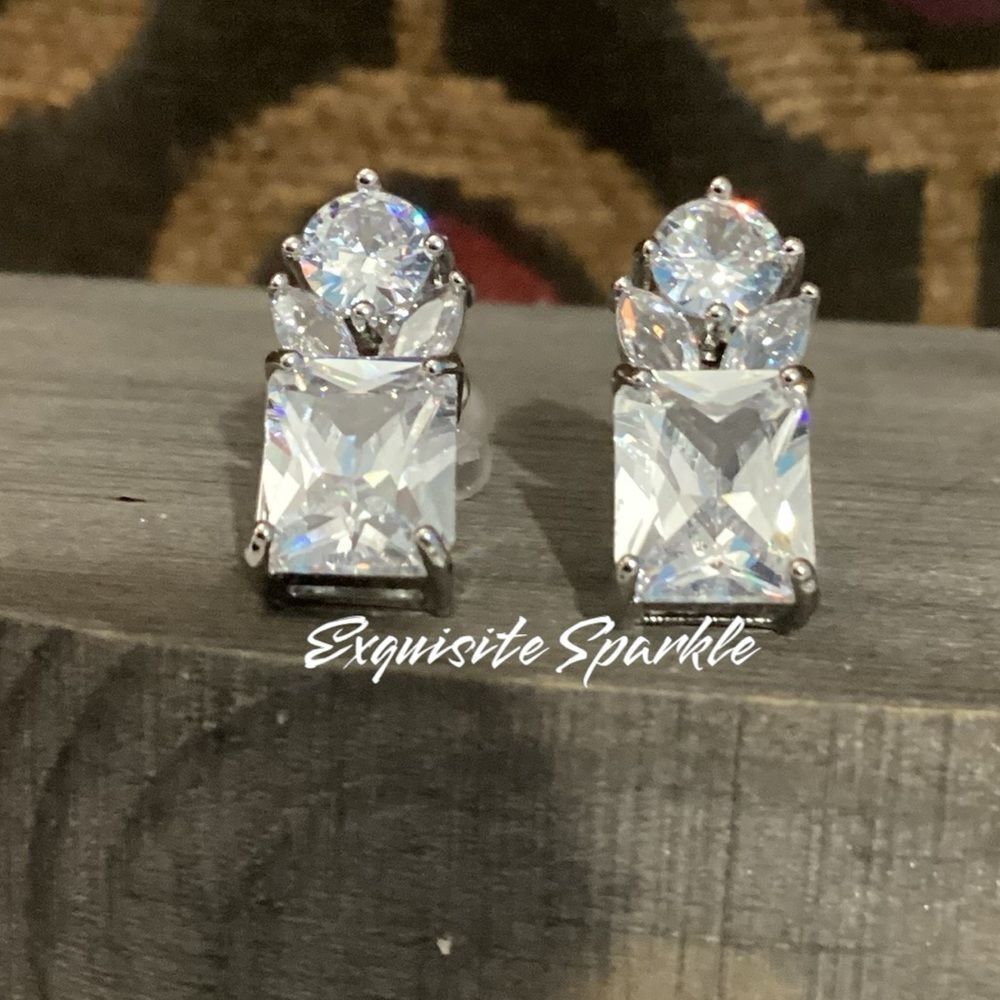 💎Elegant CZ Drop Earrings | Emerald-Cut & Round Sparkle Silver-Tone Gift Ready